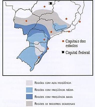 mapa que mostra frequência das geadas nas regiões do Brasil