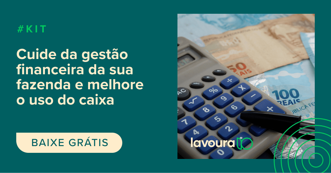 Divulgação do kit de gestão financeira da fazenda. na lateral direita, uma foto com cédulas de real, calculadora e caneta