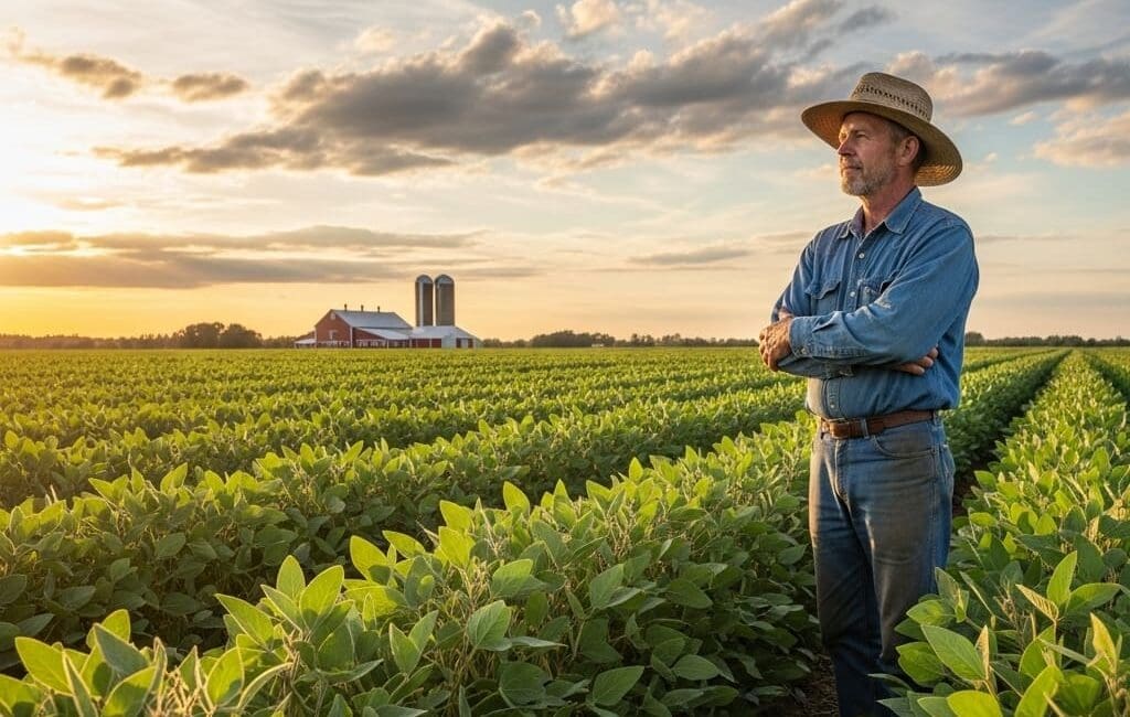 Produtor rural de chapéu em meio a sua lavoura de soja pensando sobre o Proagro