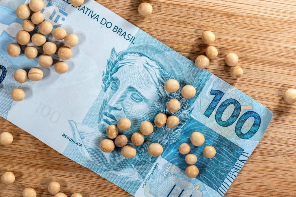 representação do dinheiro com uma nota de R$100 e alguns grãos de soja em uma mesa